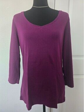 Amber Sun Purple V-Neck 100% Cotton Long Sleeve Shirt Size L